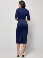 Kadın Kısa Kollu Yakalı Kruvaze Yakalı Beli Kemerli Midi Modal Elbise - Görsel 4