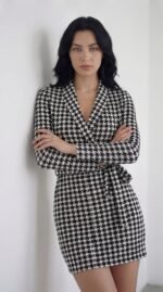 Kadın Uzun Kollu Kruvaze Yaka Bağlamalı Kemer Dalgıç Mini Boy Elbise