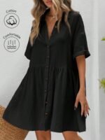 Kadın Kısa Kollu Yakalı önden Düğmeli Kısa Bürümcük Elbise - Görsel 5