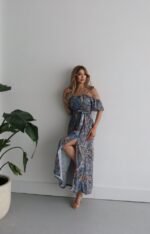 Kadın Kısa Kollu Madonna Yaka Fırfırlı Belden Yırtmaçlı Maksi Süprem Elbise - Görsel 6