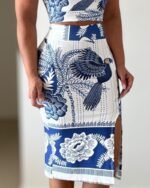 Kadın Sıfır Kollu Yuvarlak Yaka çiçekli Desenli Süprem Crop Ve Yırtmaçlı Etek Ikili Takım - Görsel 3