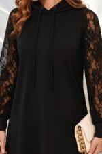 Kadın Uzun Kollu Kolları Dantel Detaylı Kapşonlu Bağcıklı Kısa Viskon Iki Iplik Elbise - Görsel 2