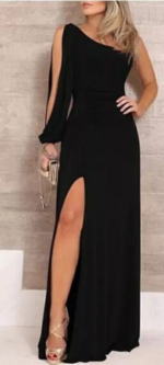 Tek Omuz Açık Derin Yırtmaçlı Krep Tam Boy Elbise - Görsel 2