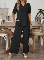 Kadın Kısa Kollu V Yakalı Aerobin Bluz Ve Pantolon Ikili Takım - Görsel 2