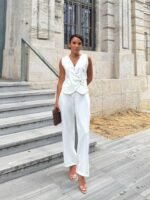 Kadın Sıfır Kollu çapraz V Yakalı önden Düğmeli Atlas Yelek Ve Pantolon Ikili Takım - Görsel 7