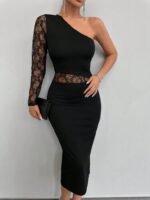 Kadın Siyah Tek Kol Dantel Detay Omuz Dekolte Krep Elbise - Görsel 21