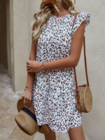 Kadın Kısa Kollu Bisiklet Yaka Etek Ucu Volanlı Kısa Dokuma Elbise - Görsel 3