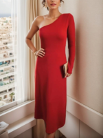 Kadın Uzun Kollu Tek Omuz Detay Krep Elbise - Görsel 7