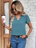 Kadın Kısa Kollu Lazer V Yakalı Ithal Krep Bluz - Görsel 3