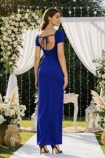 Kadın Kısa Kollu Kare Yakalı Sim Detaylı Arkadan Bağcıklı Yırtmaçlı Uzun Ithal Krep Elbise - Görsel 4