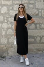 Kadın Kısa Kollu Içi Atlet Görünümlü Yandan Yırtmaçlı Uzun Viskon Elbise - Görsel 2