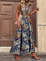 Kadın Askılı Kruvaze Yakalı Uzun Desenli Kemersiz Süprem Elbise - Görsel 3