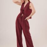 Ön Bağlama Detaylı Yelek Ve Pantolon Bordo İkili Takım