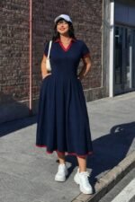 Kadın Kısa Kollu V Yakalı Pileli Uzun Janjan Krep Elbise - Görsel 3