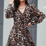 Kadın Uzun Kollu Beli Lastikli Etek Ucu Volanlı Leopar Desen Krep Elbise