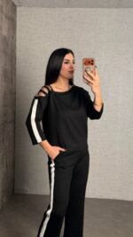 Kadın Uzun Kollu Kolu Tül Yanları şerit Detay Modal Ikili Takım