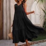 Kadın Askılı V Yakalı Uzun Dokuma Viskon Elbise