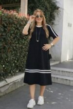 Kadın Kısa Kollu Bisiklet Yaka şerit Detaylı Midi Viskon Elbise - Görsel 2