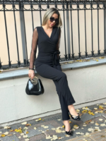 Kadın Uzun Kollu Kruvaze Yakalı Kolları Tül Detay Beli Kuşaklı Ithal Krep Tulum - Görsel 7