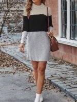 Kadın Uzun Kollu Balıkçı Yaka çizgili çok Renkli Mini şardonlu Kaşkorsel Elbise