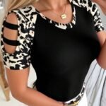 Kadın Kısa Kollu Yuvarlak Yaka Kollarda şerit Detaylı Leoparlı Viskon Bluz