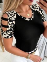 Kadın Kısa Kollu Yuvarlak Yaka Kollarda şerit Detaylı Leoparlı Viskon Bluz