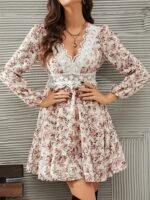 Kadın Uzun Kollu Dantel V Yakalı Mini Desenli Süprem Elbise - Görsel 3