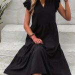 Kadın Kısa Kollu V Yakalı Geniş Kesim Uzun Trikoton Elbise