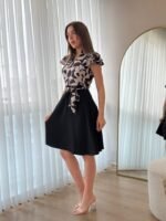 Kadın Kısa Kollu Kolu Fırfır Detay Mini Kuşaklı Kloş Krep Elbise - Görsel 2