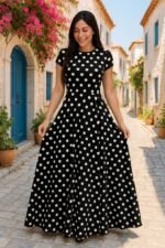 Kadın Kısa Kollu Bisiklet Yaka Puantiyeli Maksi örme Krep Elbise - Görsel 11