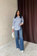 Mavi Çizgili Poplin Uzun Kol Gömlek - Görsel 2