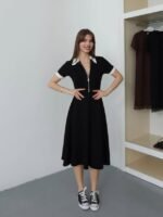 Kadın Polo Yaka Fermuar Detaylı Modal Midi Elbise - Görsel 7