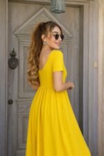 Kadın Kısa Kollu Yuvarlak Yaka önden Yırtmaçlı Cepli Viskon Uzun Elbise - Görsel 2