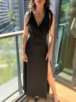 Kadın Askılı Omuzdan Bağlamalı Kruvaze Yakalı Uzun Yırtmaçlı Janjan Krep Elbise - Görsel 3