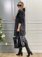 Kadın Uzun Kollu Kapüşon Ve Deri Detay Diz üstü Elbise - Görsel 7