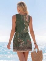 Kadın Askılı Yuvarlak Yakalı Beli Kusaklı çiçek Desenli Kısa Süprem Elbise - Görsel 3