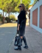 Kadın Uzun Kollu Kapüşon Ve Deri Detay Diz üstü Elbise - Görsel 2