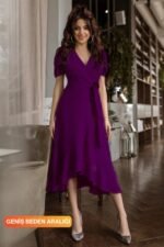 Kadın Kruvaze Yaka Midi Boy Kuşaklı Krep Elbise 120 Cm - Görsel 2