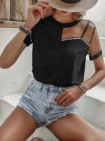 Kadın Kısa Kollu Tül Detaylı Taşlı Janjan Krep Bluz - Görsel 3