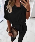 Kadın Kısa Kollu Yakalı önden Düğmeli Bürümcük Bluz Ve Pantolon Ikili Takım - Görsel 2