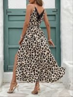 Kadın Ip Askılı Yuvarlak Yakalı Arkası V Yakalı Yırtmaçlı Uzun Leopar Desenli Süprem Elbise - Görsel 3