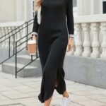 Kadın Uzun Kollu V Yakalı Yanlardan Yırtmaçlı Uzun Viskon Iki Iplik Elbise