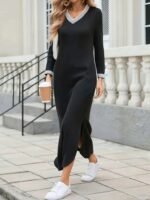 Kadın Uzun Kollu V Yakalı Yanlardan Yırtmaçlı Uzun Viskon Iki Iplik Elbise