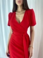 Kadın Kruvaze Yaka Midi Boy Kuşaklı Krep Elbise 120 Cm - Görsel 8