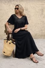 Kadın Kısa Kollu Dantel Güpür Detay V Yaka Maxi Boy Elbise - Görsel 3