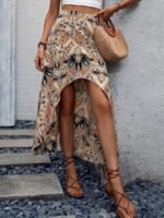 Kadın Yüksek Bel çiçek Desenli önü Asimetrik Detaylı Uzun Süprem Etek - Görsel 2