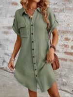 Kadın Kısa Kollu Yakalı önden Düğmeli Bürümcük Kısa Elbise - Görsel 4