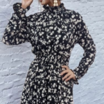 Kadın Uzun Kollu Balıkçı Yaka çiçek Baskılı Helen Kumaş Elbise