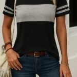 Kadın Kısa Kollu Bisiklet Yaka çift Renkli Viskon Bluz