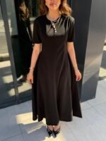 Kadın Kısa Kollu Bisiklet Yaka Maksi Boy Ithal Krep Elbise - Görsel 3